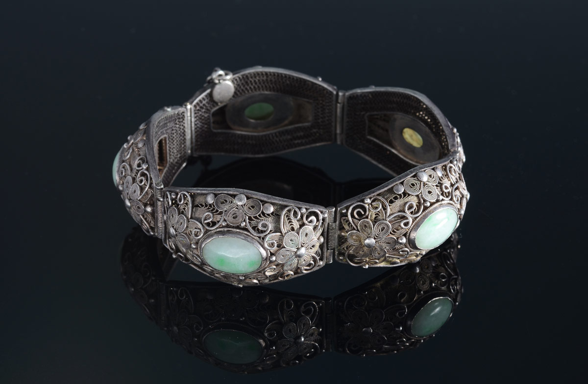 Appraisal: SILVER JADE ETRUSCAN BRACELET cabochon cut pieces of jadeite jade