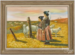 Appraisal: Oil on canvas landscape with two young girls signed Weston