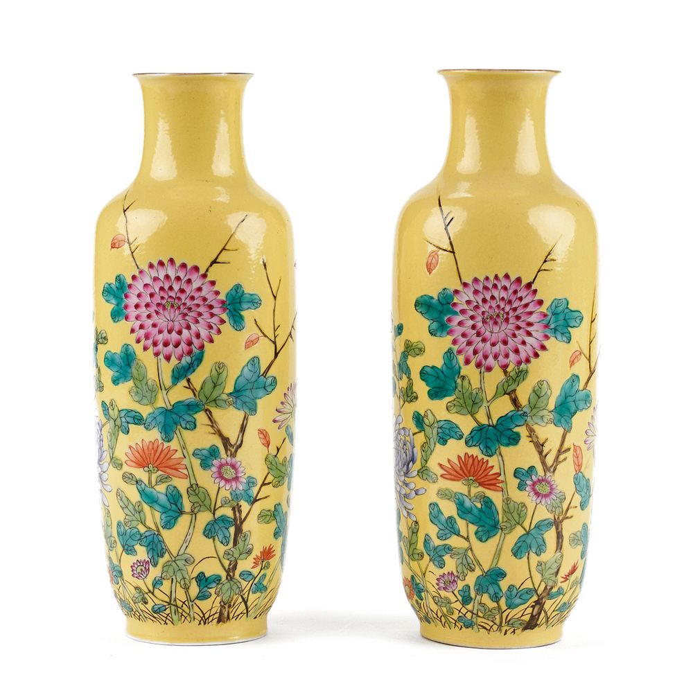 Appraisal: Pair of Chinese Porcelain Yellow Ground Vases Pair of Chinese