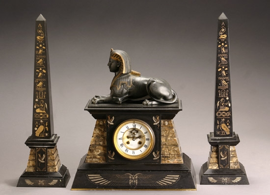 Appraisal: French Egyptian Revival Parcel Gilt Bronze Marble and Slate Three-Piece