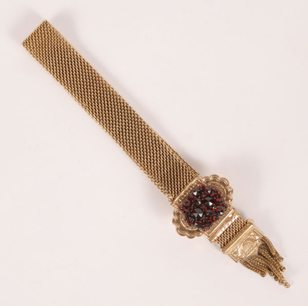 Appraisal: Unusual Victorian garnet slide mesh bracelet with gold engraved surfaces