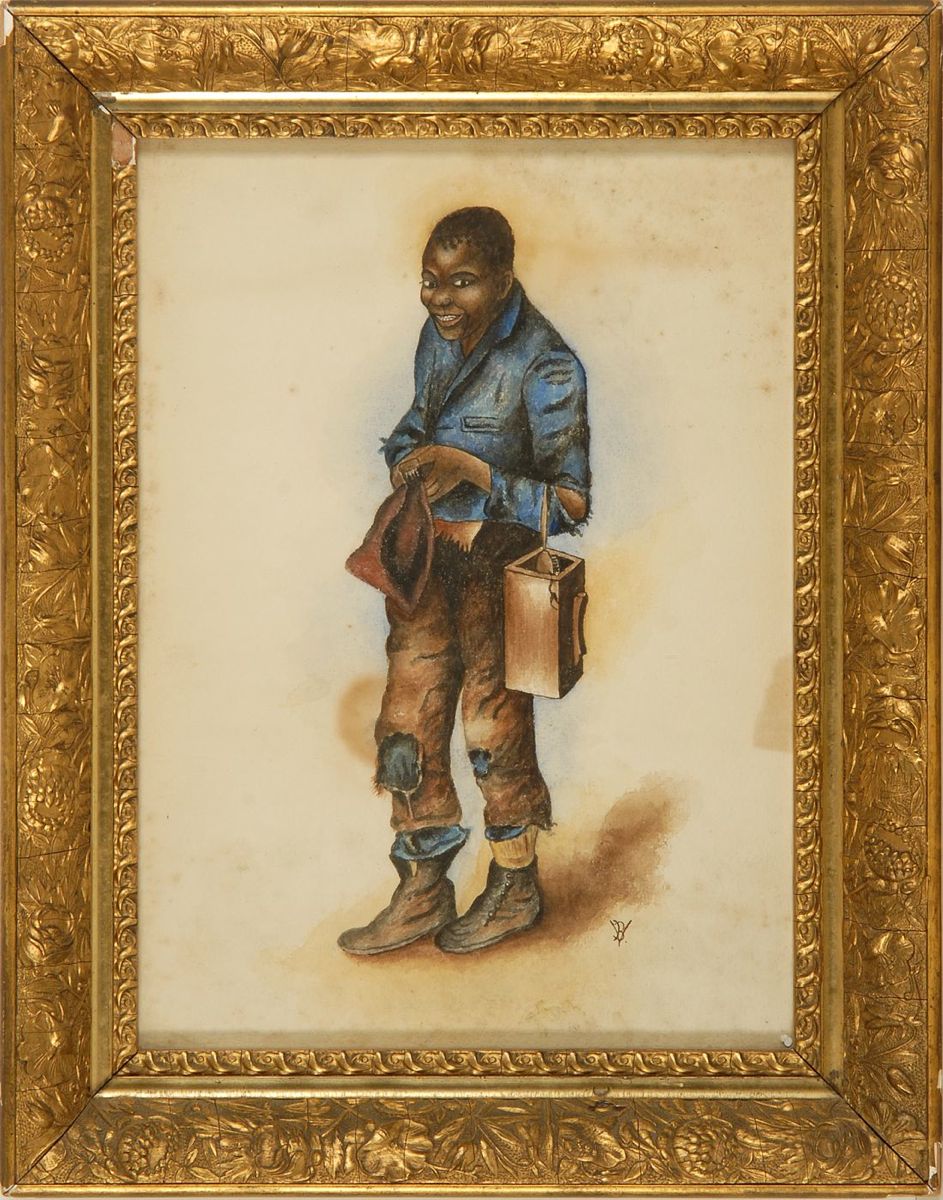 Appraisal: FRAMED WATERCOLOR Portrait of a black shoeshine boy holding his