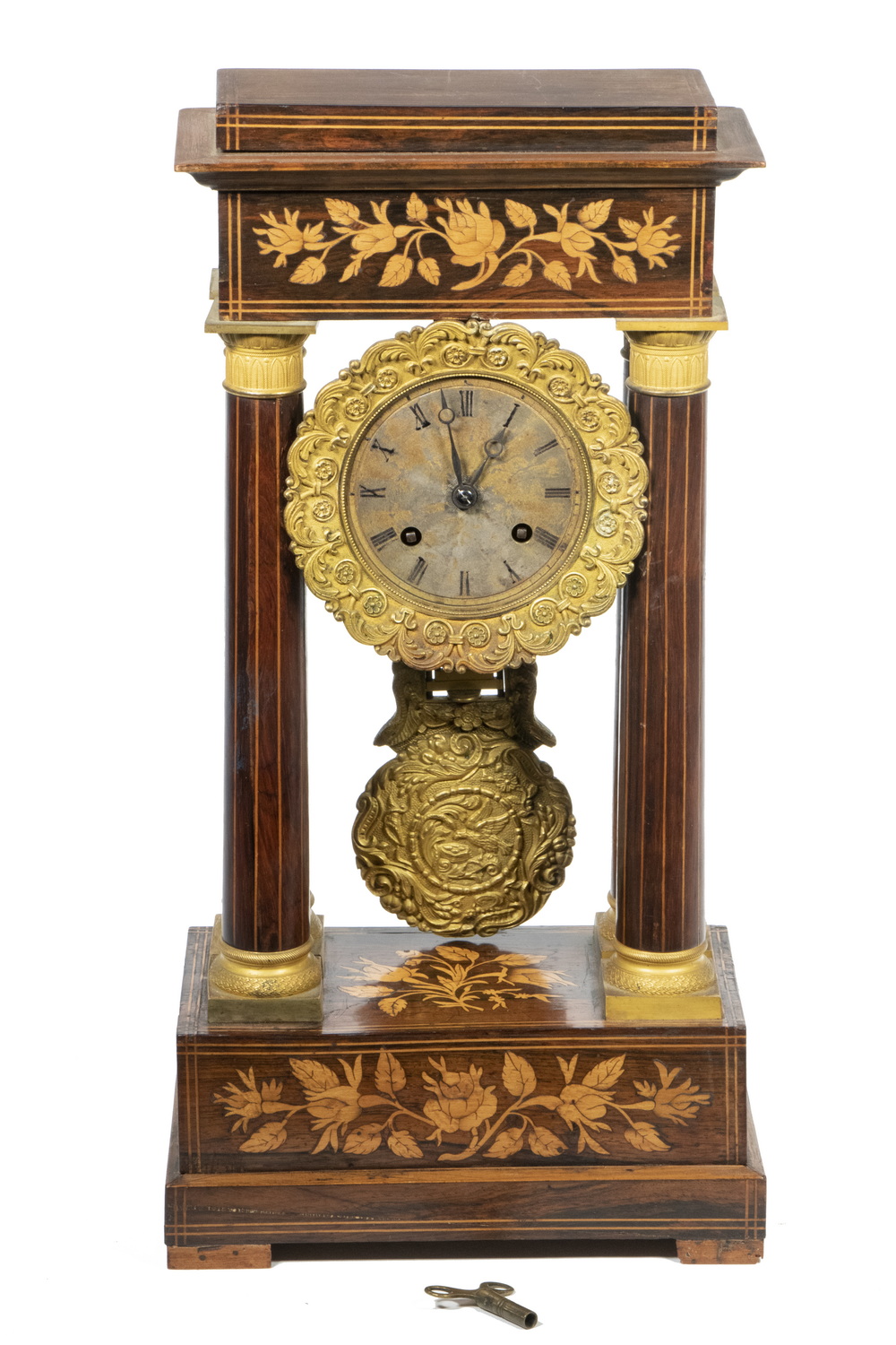 Appraisal: INLAID FRENCH PORTICO CLOCK Rosewood Mantel Clock with gilded brass