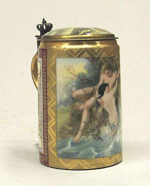 Appraisal: A Vienna style porcelain gilt bronze mounted tankard Der Fischer