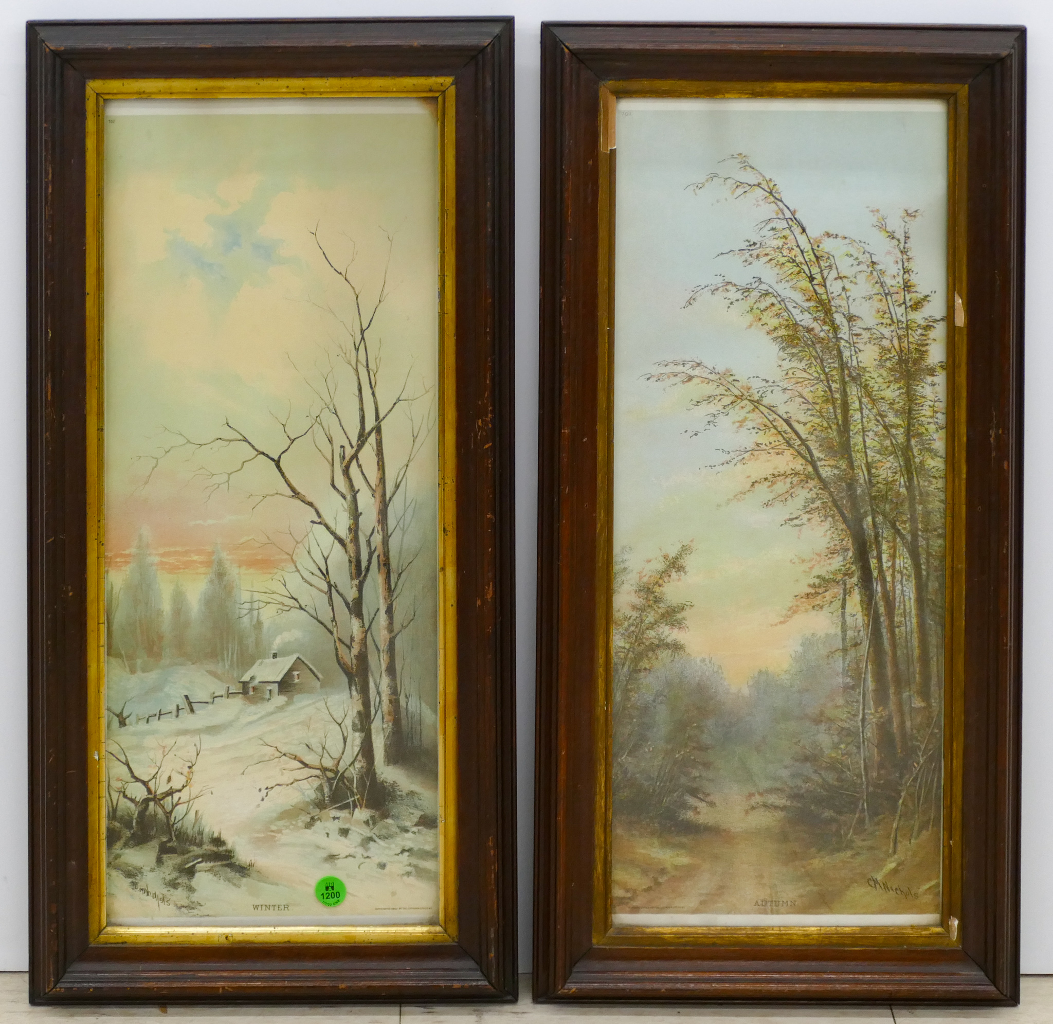 Appraisal: Pair Antique Winter and Autumn Chromolithographs Framed ''x ''