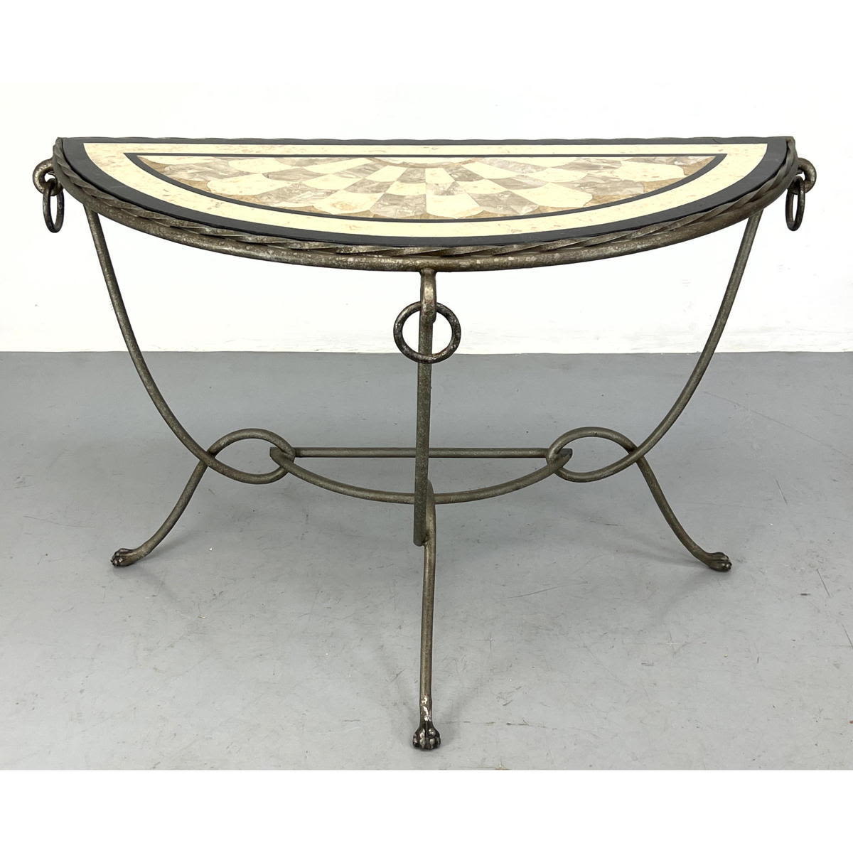 Appraisal: Maitland Smith Style Tessellated Marble Top Demilune Console Table Dimensions