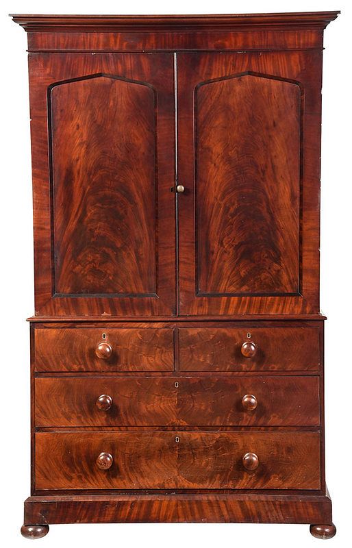 Appraisal: British Figured Mahogany Labeled Linen Press th century with partial