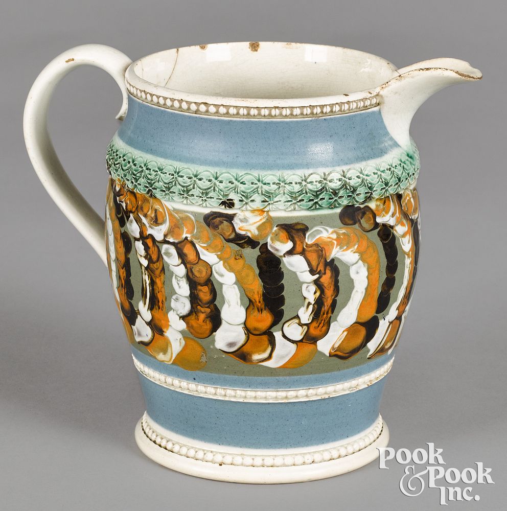 Appraisal: Mocha pitcher with earthworm style decoration Mocha pitcher with earthworm