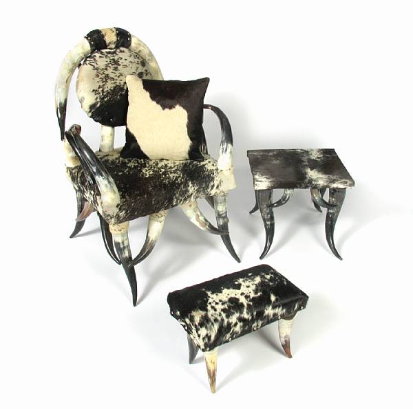 Appraisal: An assembled group of cowhide upholstered horn furniture comprising an