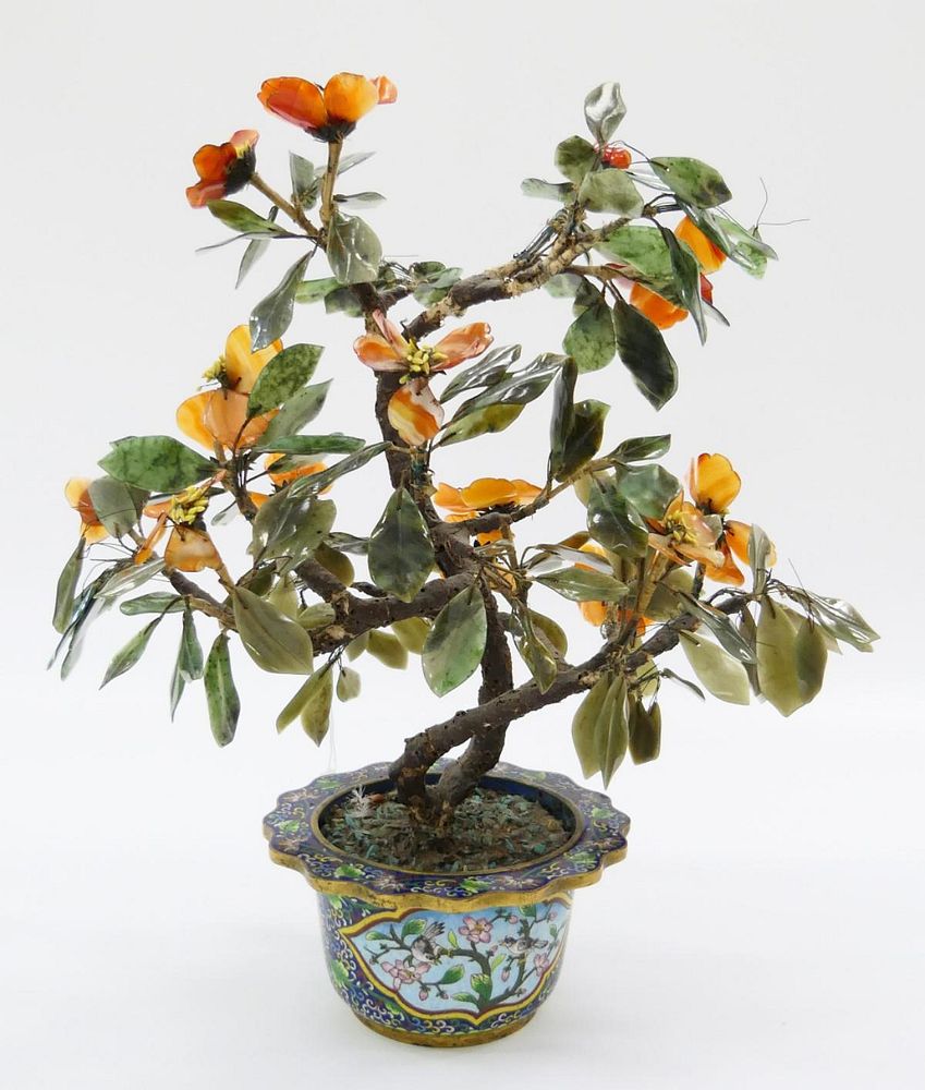 Appraisal: FABULOUS VINTAGE CLOISONNE AND JADE TREE Extraordinary cloisonne bowl Tree