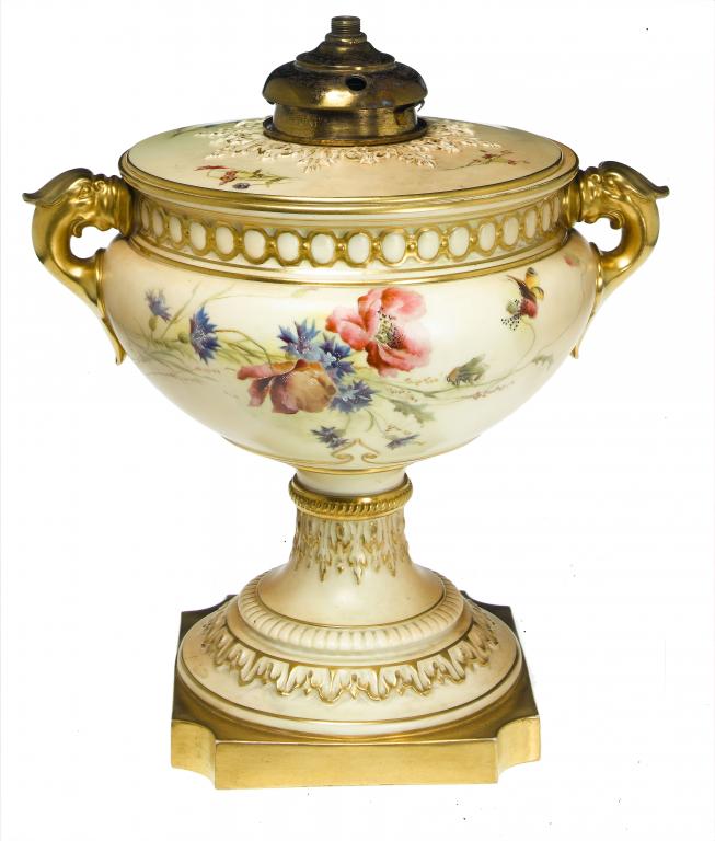 Appraisal: A ROYAL WORCESTER URN SHAPED OIL LAMP with detachable fount