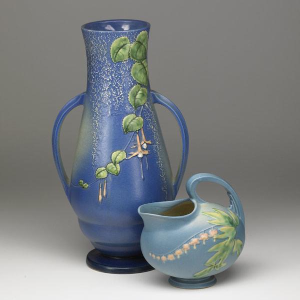 Appraisal: ROSEVILLE Two blue vessels Fuchsia floor vase - MINOR FLECK