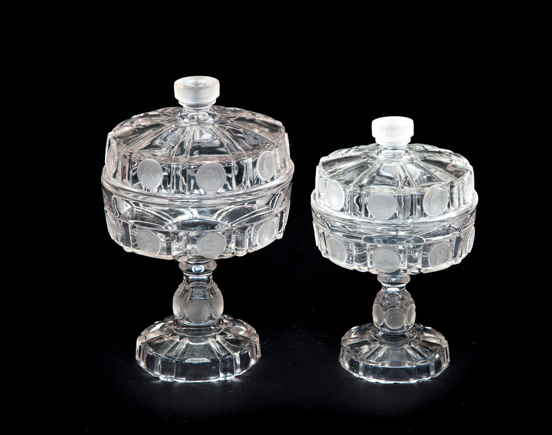 Appraisal: TWO COIN GLASS COVERED COMPOTES American late th century Central