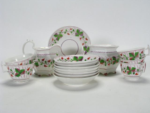 Appraisal: Porcelain Pink and Green Lustre Set creamer sugar six cups