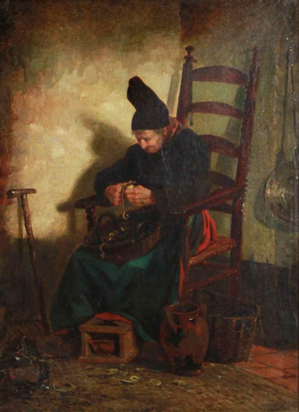 Appraisal: EUROPEAN SCHOOL TH CENTURY OLD WOMAN PEELING POTATOES Oil on