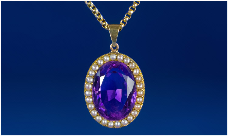 Appraisal: Victorian Pendant And Chain Large Oval Amethyst Surrounded By Seed