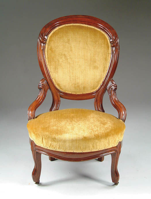 Appraisal: VICTORIAN WALNUT LADYS CHAIR Gold upholstery finger carving SIZE h