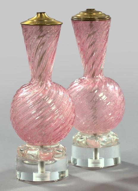 Appraisal: Pair of Blush Pink-Spangled Glass Table Lamps of tall-neck bottle