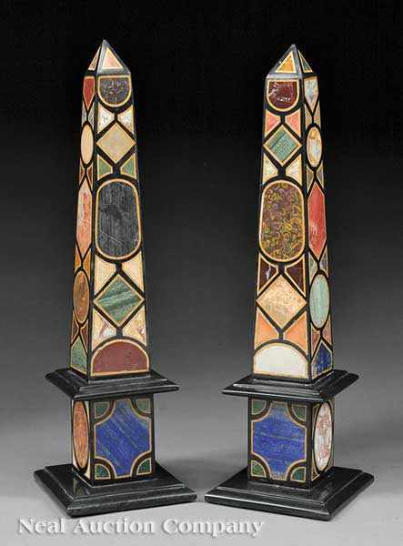 Appraisal: A Pair of Specimen Marble Obelisks square plinths molded bases