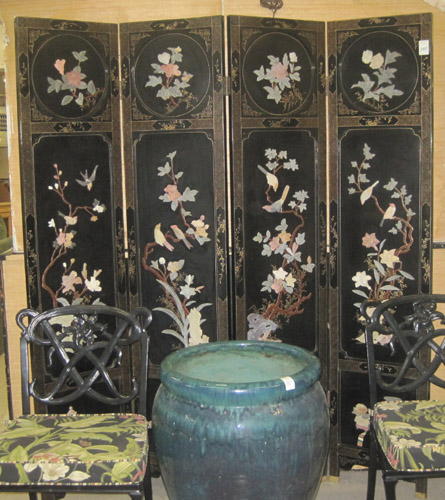 Appraisal: CHINESE FOUR-PANEL FLOOR SCREEN each panel decorated with carved hardstone