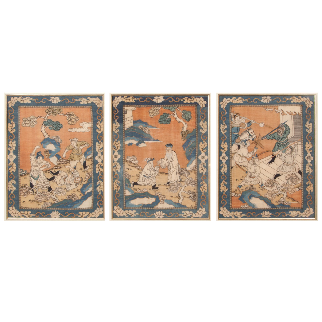 Appraisal: Group of Three Chinese Kosu Figural Panels of Horsemen th