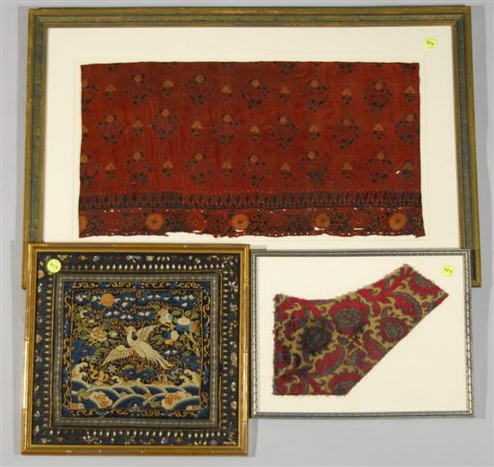 Appraisal: THREE FRAMED TEXTILE FRAGMENTS including a Chinese Square Embroidery inches