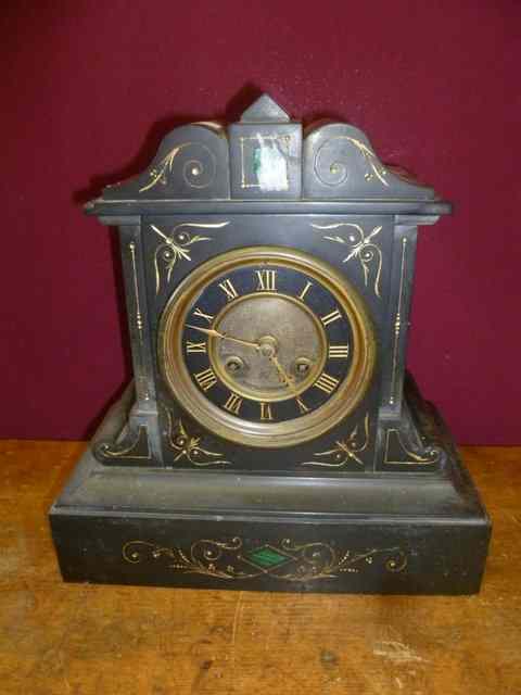 Appraisal: A VICTORIAN BLACK SLATE MANTEL CLOCK with inlaid malachite panel