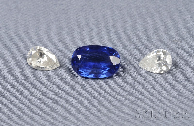 Appraisal: Unmounted Sapphire and Diamonds comprising a cushion-shape sapphire measuring approx