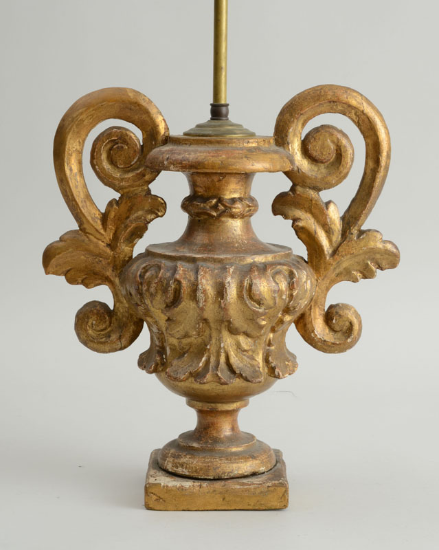 Appraisal: ITALIAN BAROQUE CARVED GILTWOOD URN MOUNTED AS A LAMP Richly