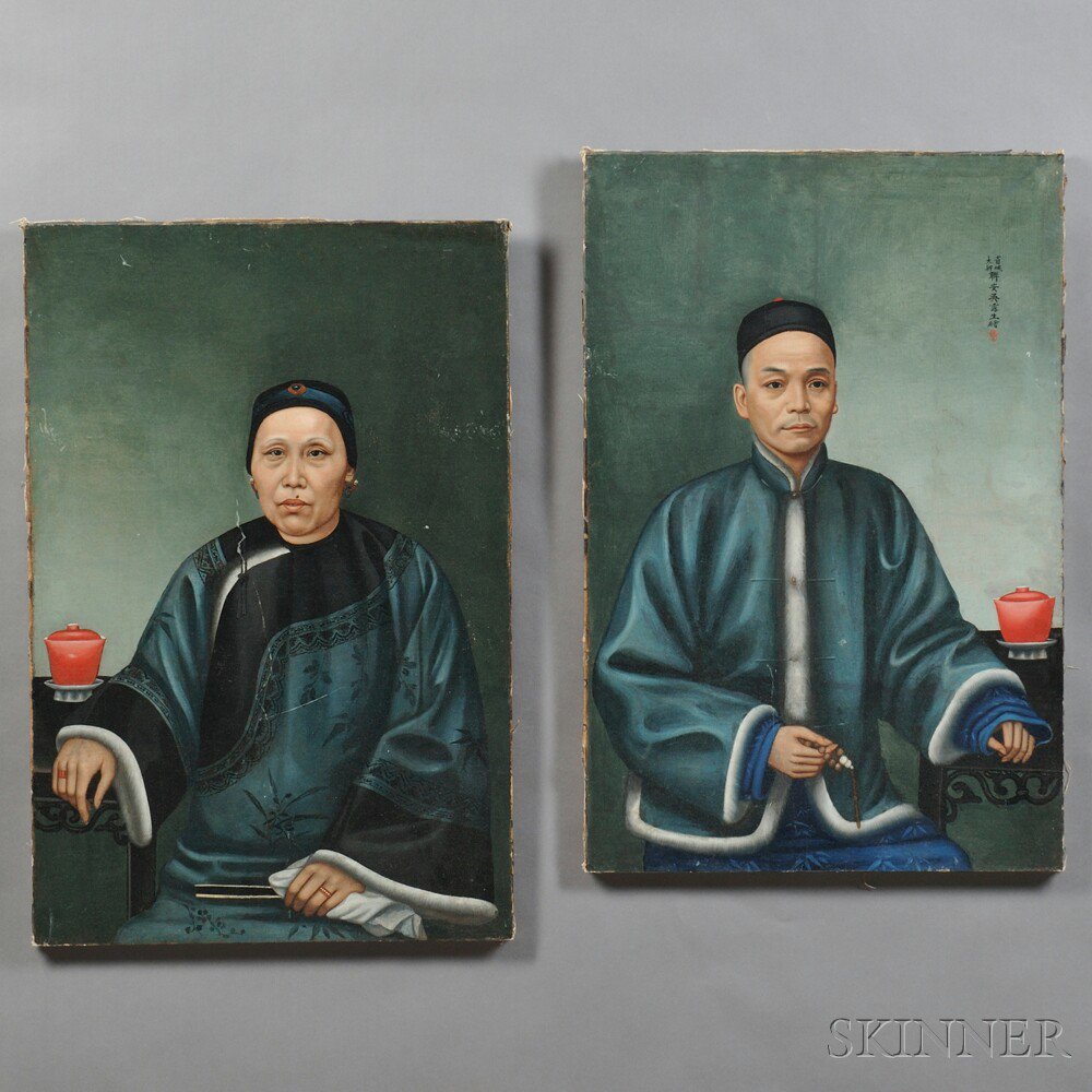 Appraisal: Two Ancestral Portraits China th century oil on canvas one