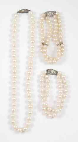 Appraisal: THREE ARTICLES OF PEARL JEWELRY including a - '' pearl