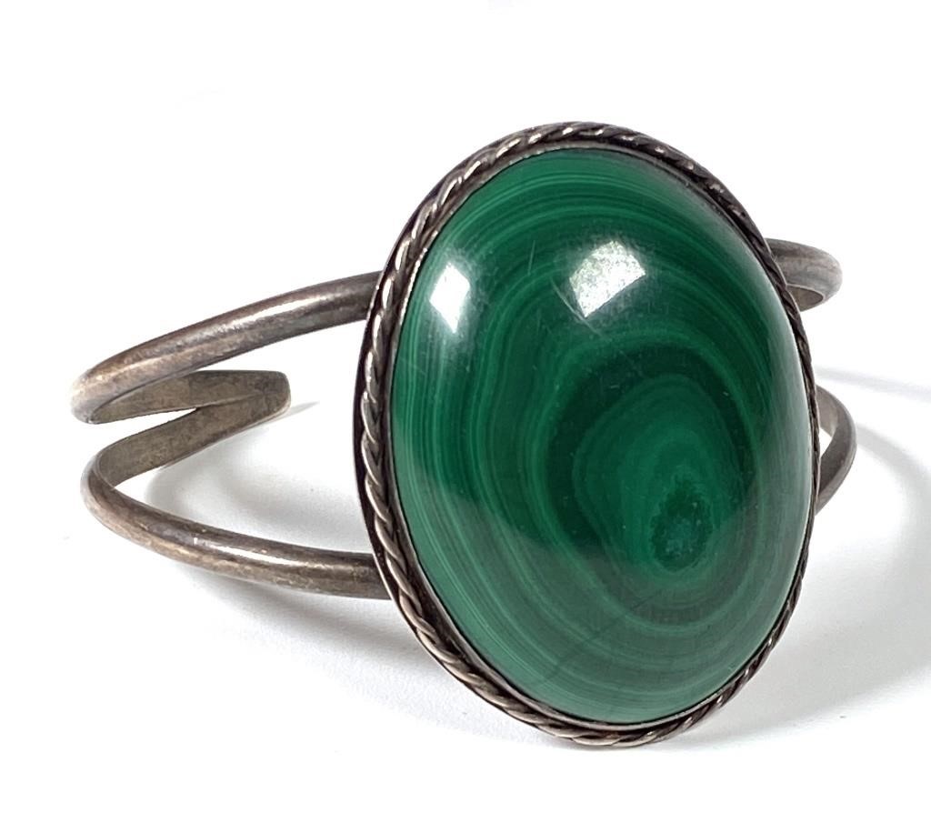 Appraisal: Large malachite on old pawn Navajo sterling silver cuff bracelet