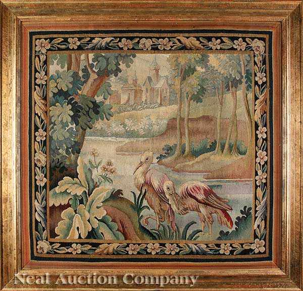 Appraisal: An Aubusson-Style Tapestry depicting herons in a lake a chateau