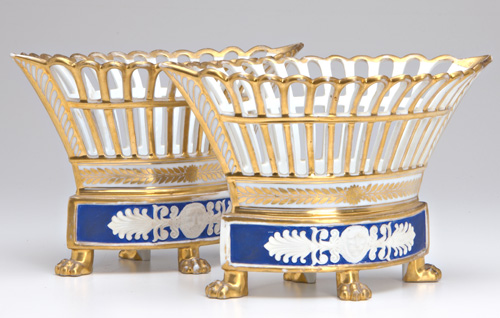 Appraisal: CONTINENTAL PORCELAIN Pair of crown-shaped openwork bowls with blue ground