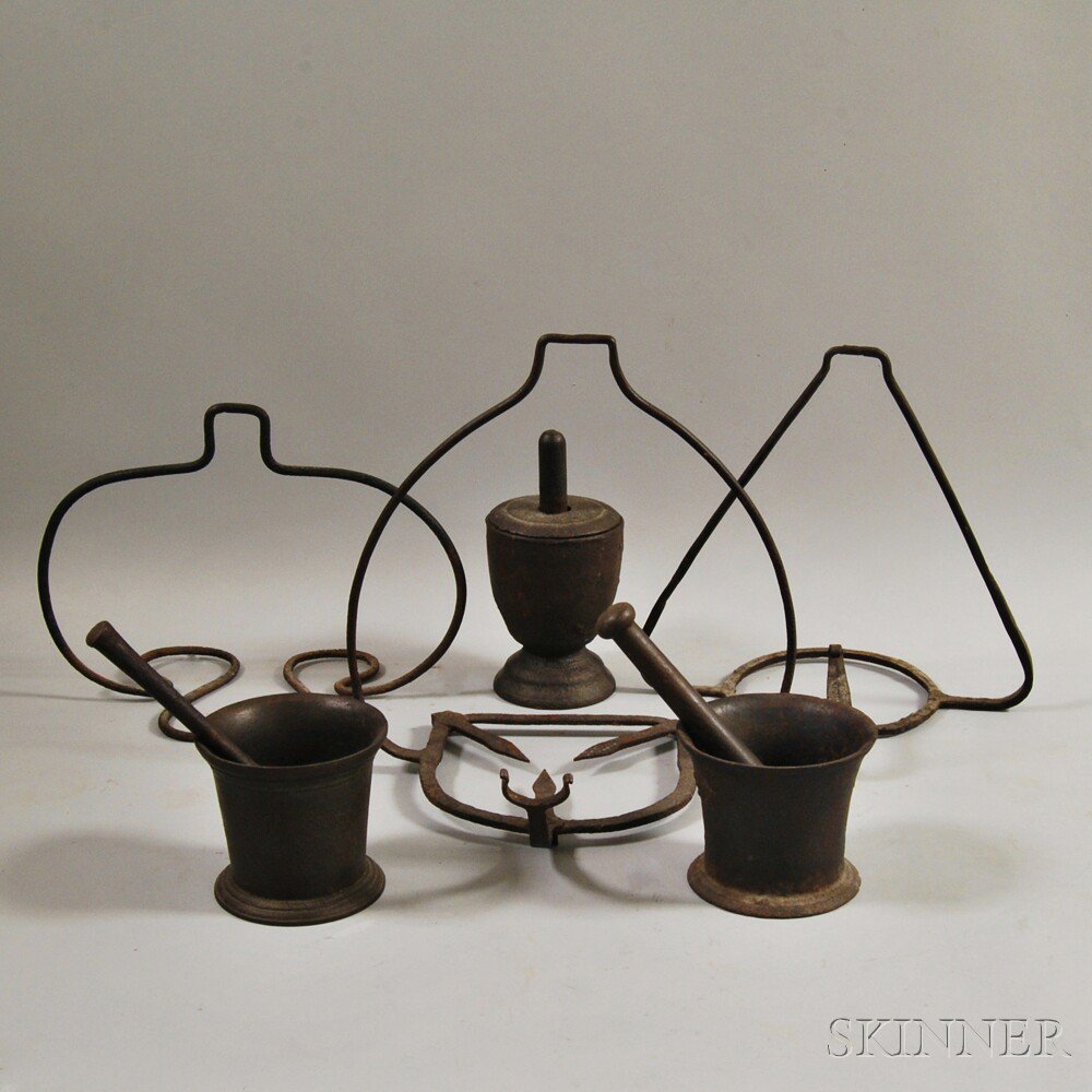 Appraisal: Three Wrought Iron Hanging Pot Holders and Three Cast Iron