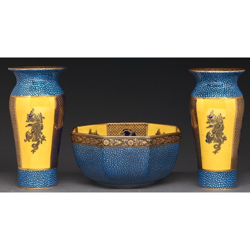 Appraisal: A Mason's richly gilt chinoiserie yellow and cobalt ground octagonal