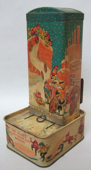 Appraisal: A Huntley and Palmer biscuit tin depicting Christmas elves against