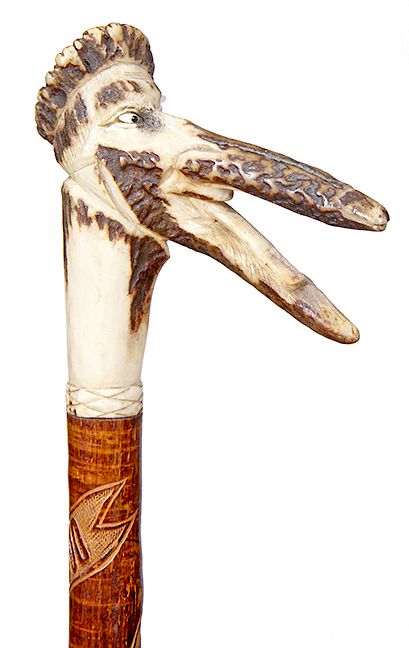 Appraisal: German Folk Cane- Dated - A red deer antler of