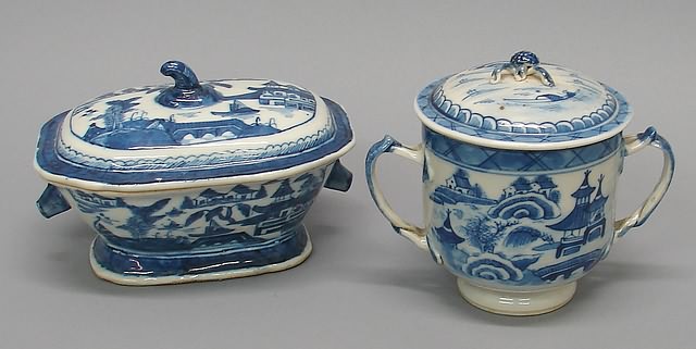 Appraisal: Covered twin-handled sugar bowl with landscape decoration t and small