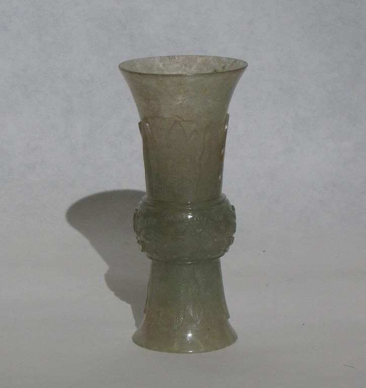 Appraisal: Small Celadon Jade Carved Gu-form Vase Translucent celadon jade finely