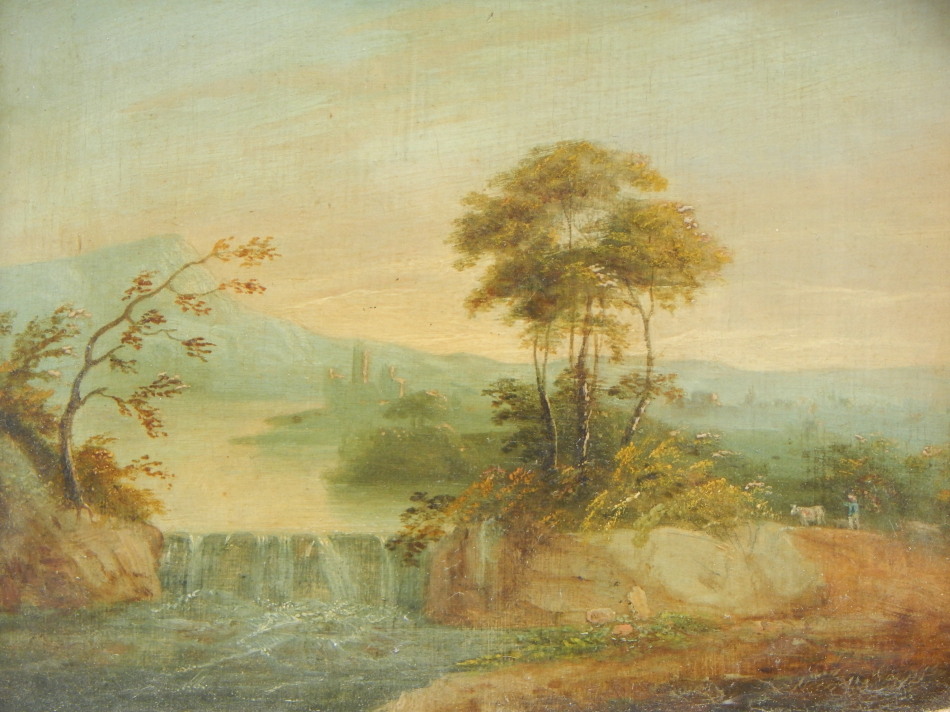 Appraisal: thC English School Mountain landscape with cottages and figures oil