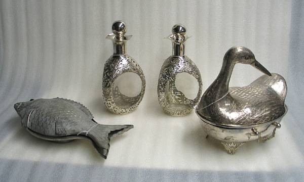 Appraisal: Four metal vessels Including a silver duck form serving dish