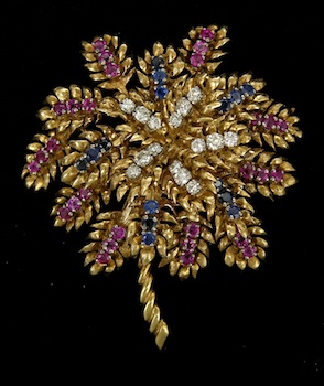 Appraisal: Retro k Brooch with Diamonds Sapphires and Rubies k yellow