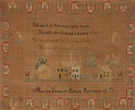 Appraisal: th century American needlepoint sampler worked by Martha Frances Bisham