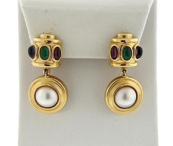 Appraisal: K Gold Pearl Multi Stone Dangle Earrings METAL K gold