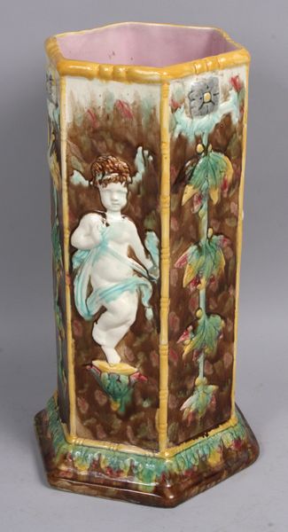 Appraisal: Majolica umbrella stand having raised figures x EST