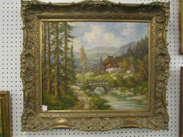 Appraisal: W Garchon Oil on Canvas landscape with house along a