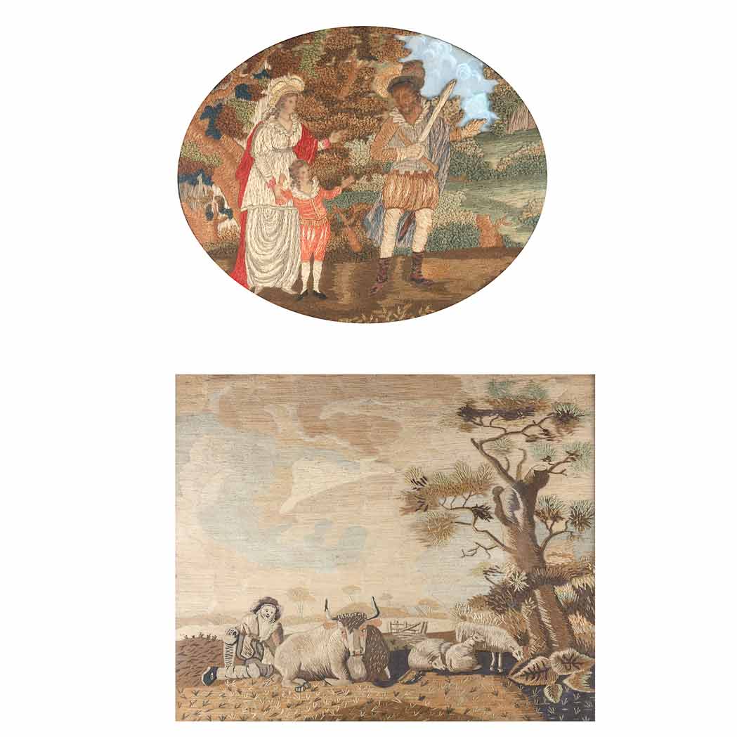 Appraisal: Two English Woolwork Pictures th Century Comprising one depicting figures