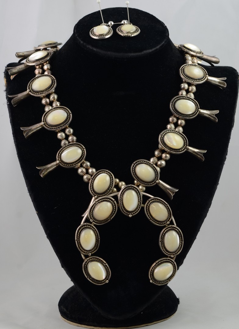 Appraisal: Silver moonstone squash blossom necklace with horseshoe shaped naja overall