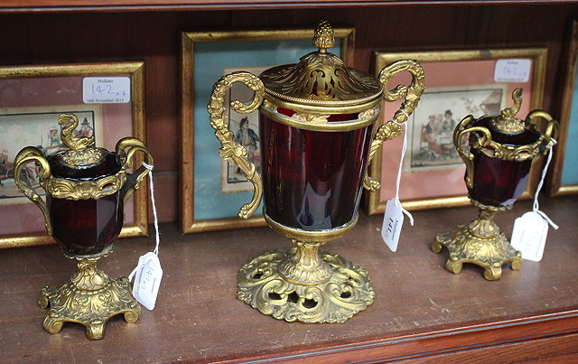 Appraisal: A GILT METAL MOUNTED RUBY GLASS POT POURRI GLASS the